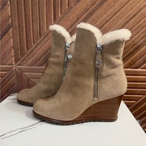 Michael Kors Suede Shearling-Lined Wedge Ankle Boots - Taupe
